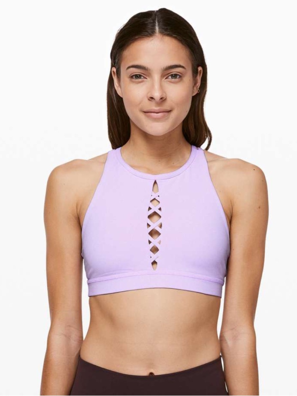 Lululemon women’s Energy Bra High Neck *Laced in Sheer Violet sports bra 8 EUC